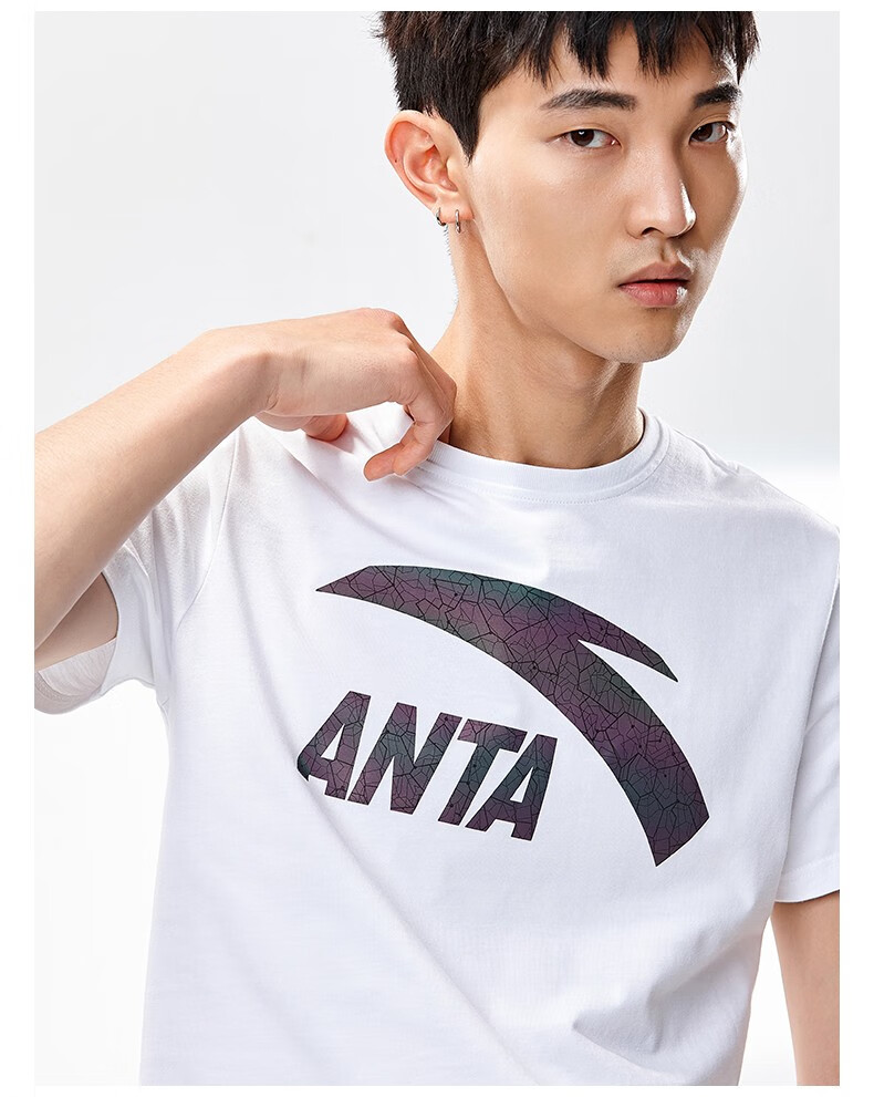 安踏男装短袖男子t恤汤普森kt简约针织圆领时尚大logo透气印花上衣棉