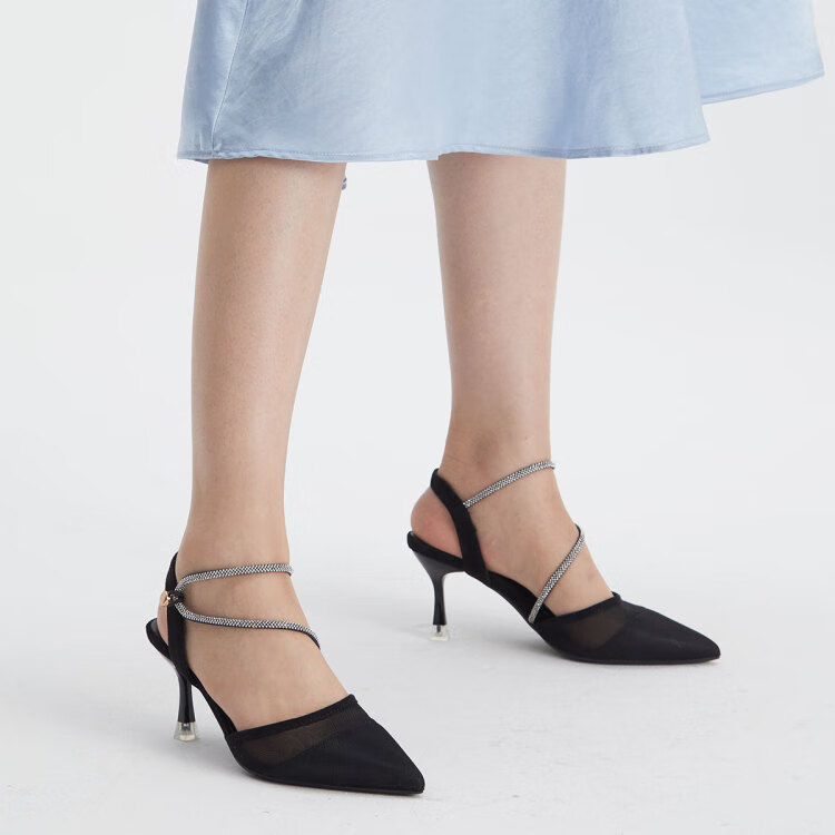 卓诗尼josiny高跟鞋女夏季新款时尚百搭细跟包头尖头透明底女士凉鞋子