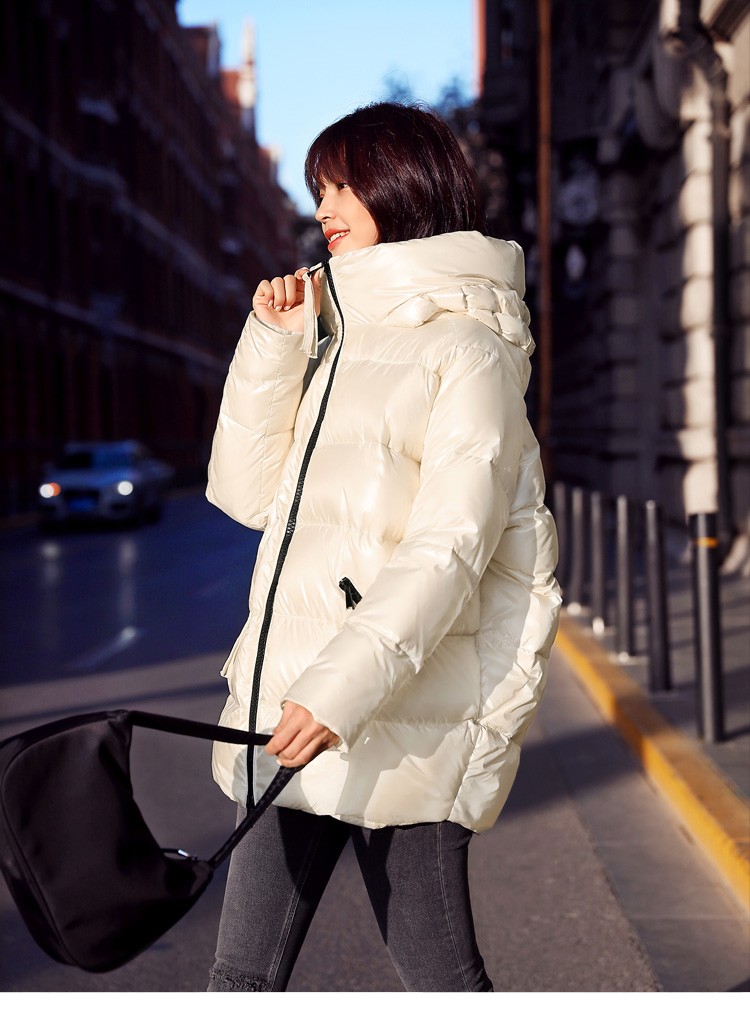 衣印象2021新款亮面羽绒服女中款韩版茧型冬季外套新款宽松加厚连帽