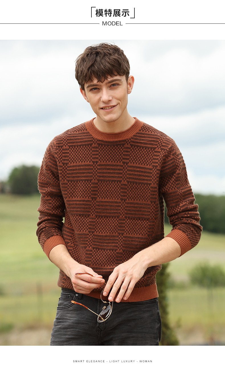 皮皮狗 秋冬新品 圆领加厚男羊绒套衫 356摩卡棕 m(105)