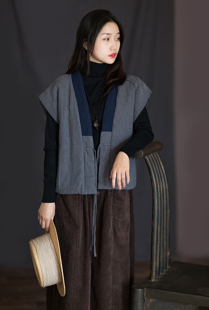 如素慢衣女装亚麻夹棉背心马甲做旧开衫女秋w18356 复古蓝 均码