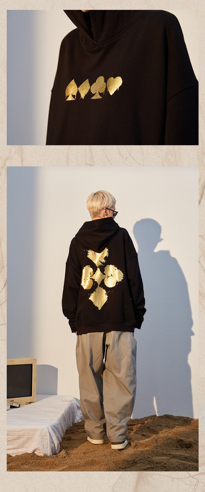 国潮专营owx烫金扑克卫衣男女情侣连帽加厚加绒秋冬款嘻哈宽松纯棉