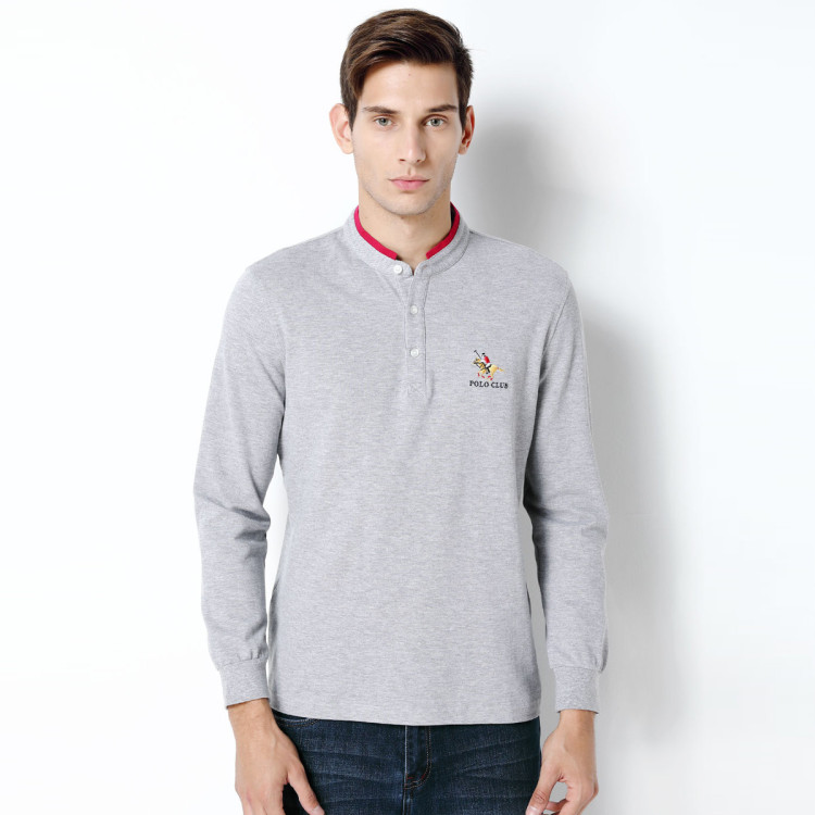 莱恩雷迪lienridy 全棉撞色小立领净色刺绣长袖男士t恤 灰色 56