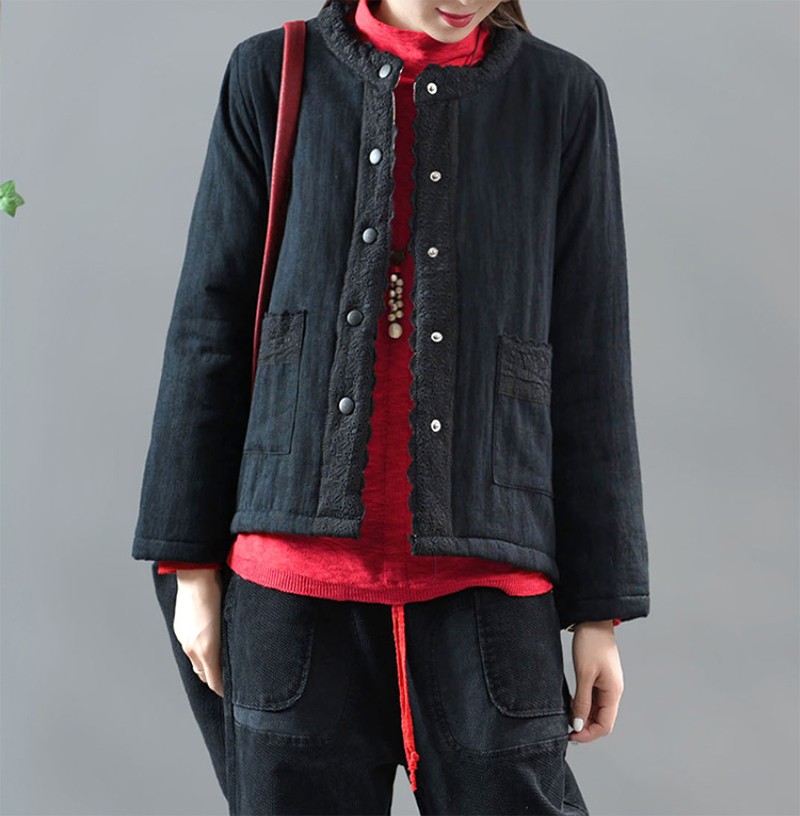 如素慢衣棉麻夹棉棉服花边棉袄外套女冬18540w 绿色 均码
