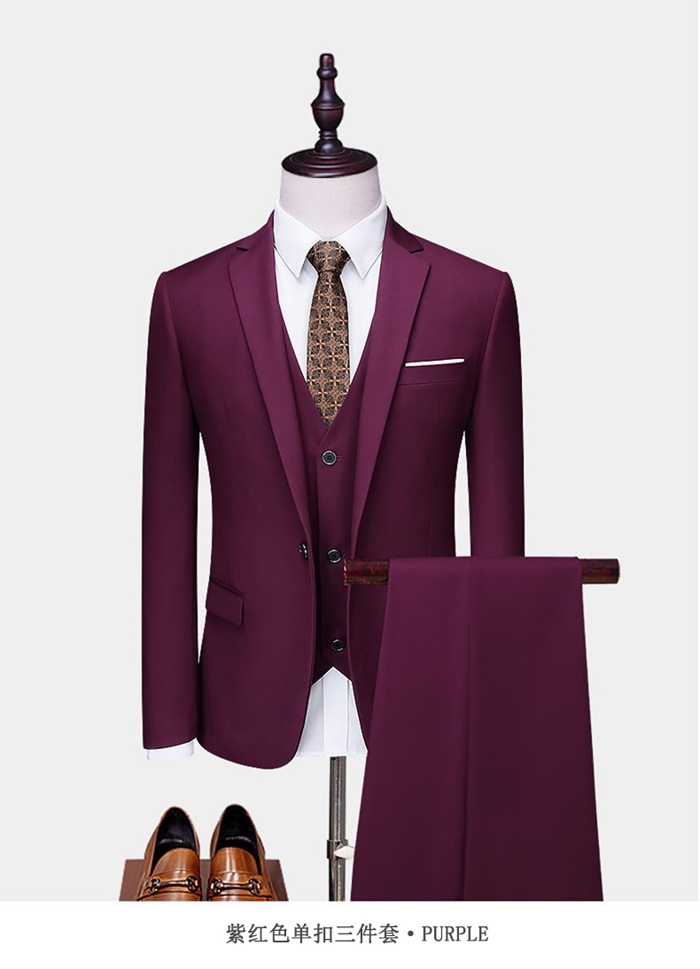 结婚礼服新郎伴郎装商务休闲西装男套装 紫红色双扣(上衣 马甲 西裤)