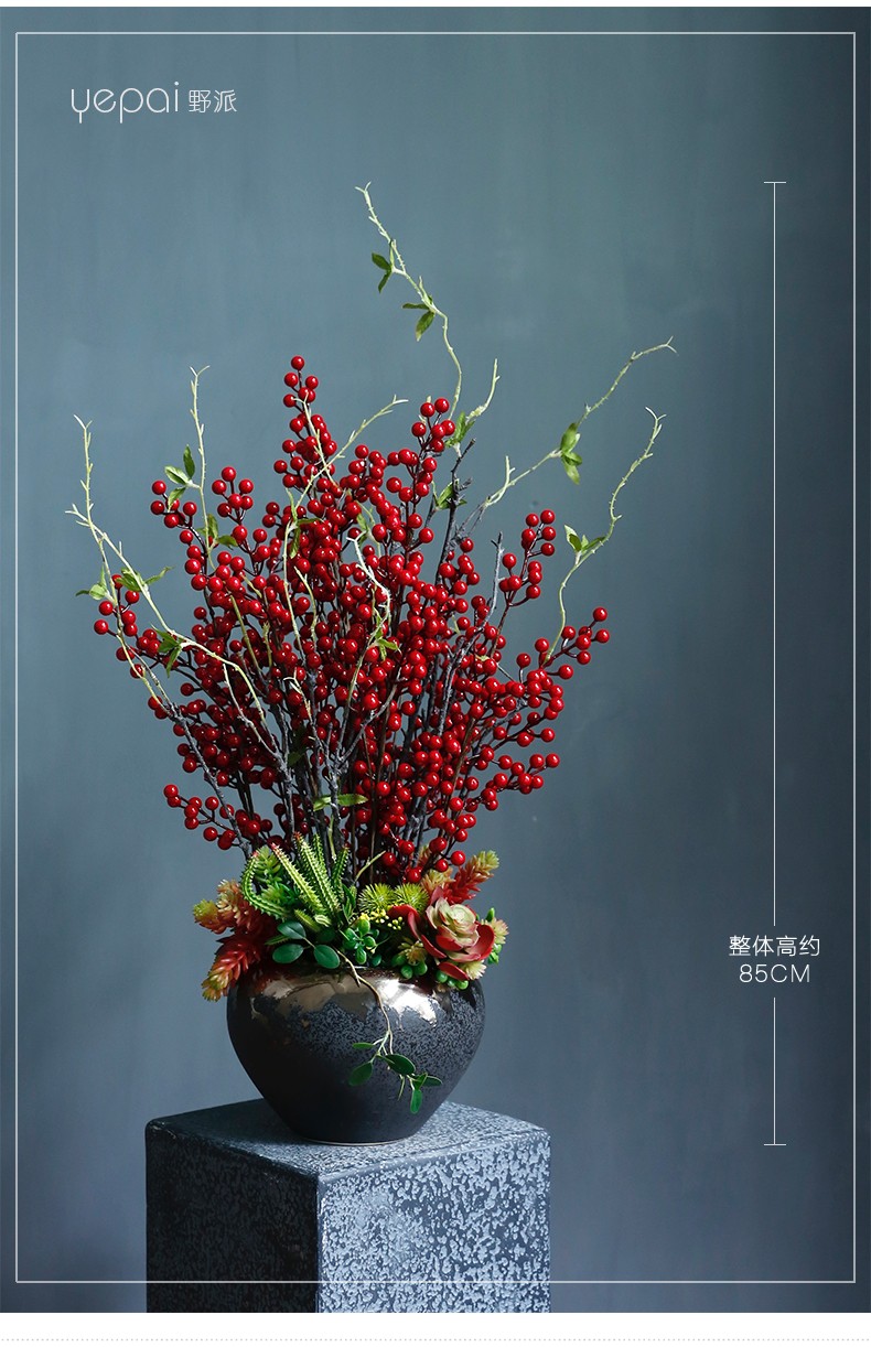 野派北美冬青果子假花仿真花客厅室内高档餐桌玄关茶几花艺摆件装饰花