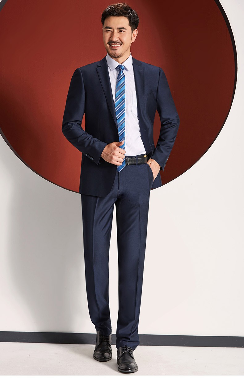 职业装结婚新郎伴郎服蓝黑色上班正装西装男蓝色aj71182b版两粒扣185