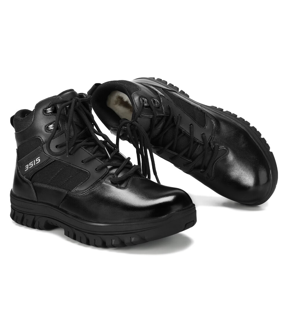 3515强人军皮靴秋冬羊毛保暖男靴透气耐磨作战靴户外登山靴工装靴黑色