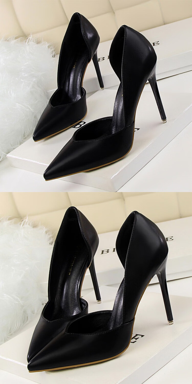 彩姿莲高跟鞋女细跟欧美时尚新款侧空绒面浅口尖头高跟单鞋黑色哑光40
