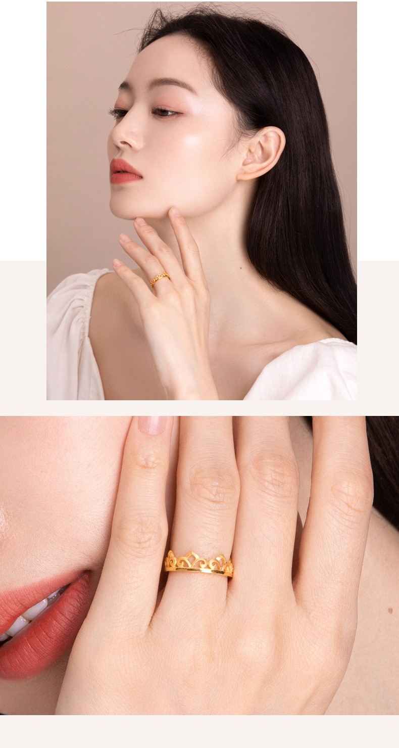 六桂福珠宝花冠皇冠黄金戒指足金黄金戒指开口时尚百搭女款电商专款