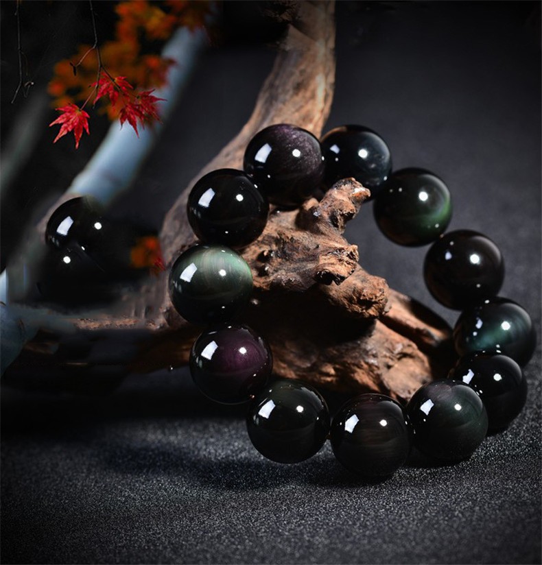 赤瑕宫珠宝 双彩虹眼黑曜石手链 冰种黑曜石圆珠手串男女款 黑曜岩