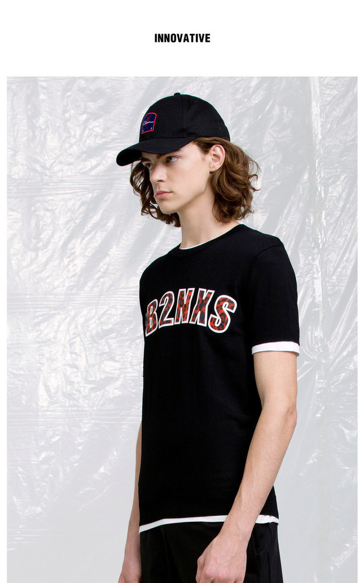 卡宾cabbeen 街头字母印花短袖男圆领男士针织衫短袖 煤黑色 l