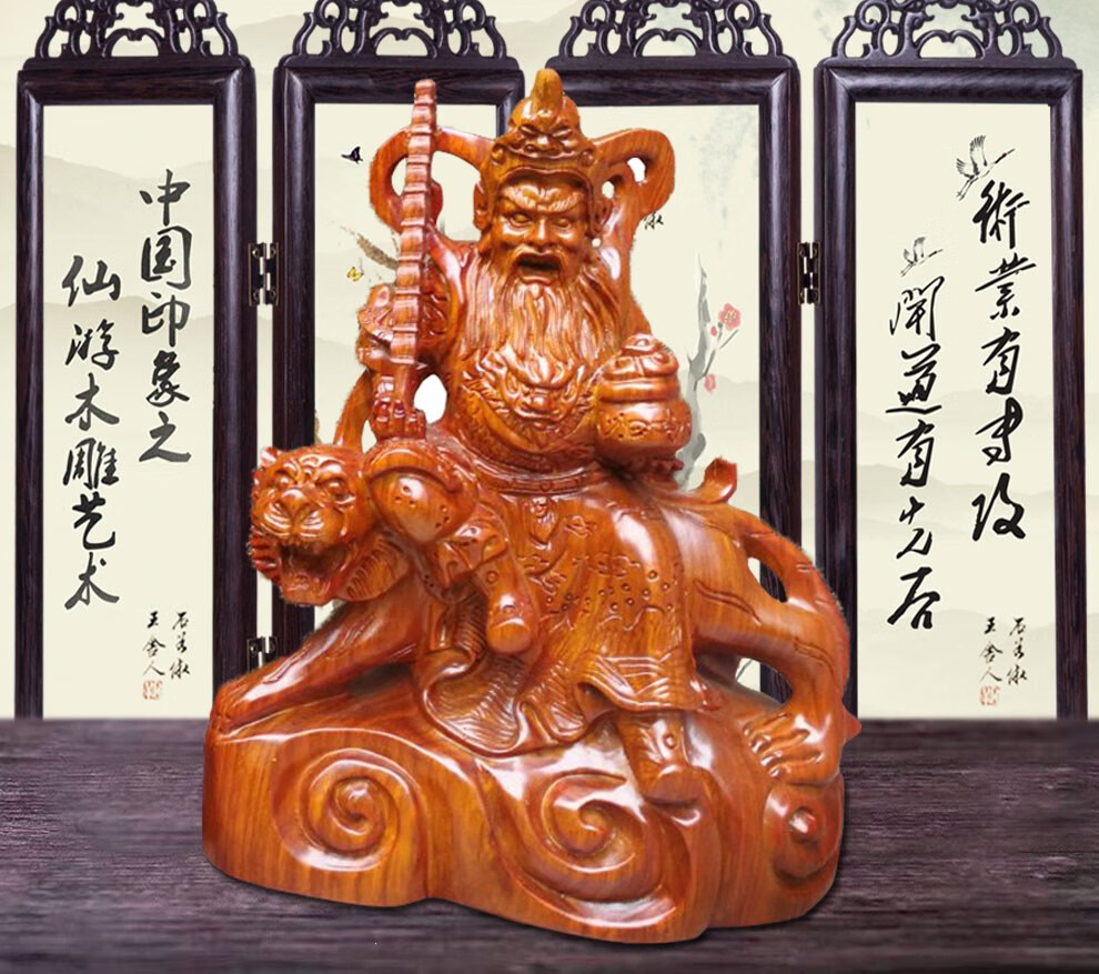 天好 黑檀木雕武财神赵公明骑虎像摆件五花梨木神爷 红木工艺品实木质