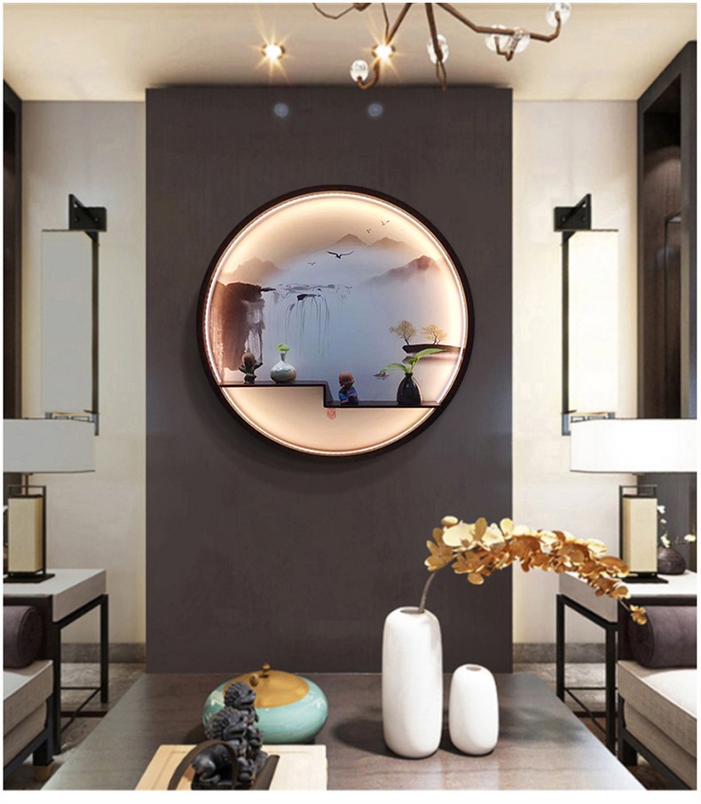 新中式圆形装饰画客厅玄关入户壁画挂画茶室禅意山水挂画电表箱餐厅
