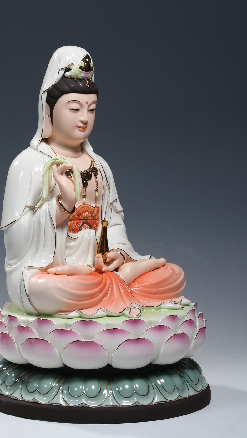 微美陶瓷12至16吋坐全莲笑脸观音佛像供奉家用观世音菩萨摆件彩绘彩绘