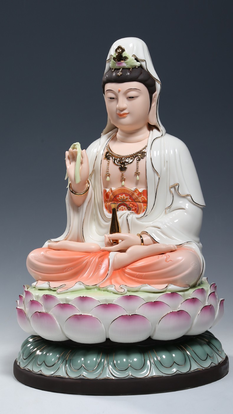 微美陶瓷12至16吋坐全莲笑脸观音佛像供奉家用观世音菩萨摆件彩绘彩绘