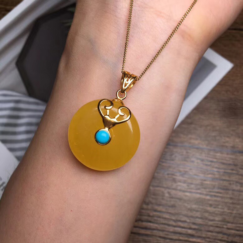 玫之尔天然俄料暴力黄蜜蜡平安扣镶嵌松石