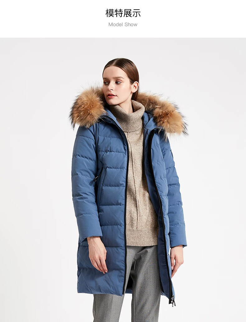 雪伦鹅绒羽绒服女中长款大貉子毛领直筒简约大气贴布袖标外套女秋冬