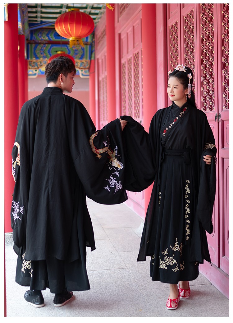 臻一萌汉服男士秋季交领襦裙古装女cp情侣套装黑色红色改良龙袍大袖衫