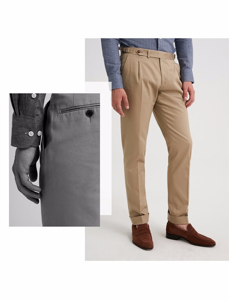 full monty春夏全棉调节袢长门襟头单褶休闲西裤男长裤子 卡其色1500