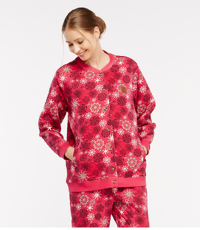 铜牛女士家居衫 暖棉开襟印花休闲女衫 棒球衫领加厚保暖家居上衣vs