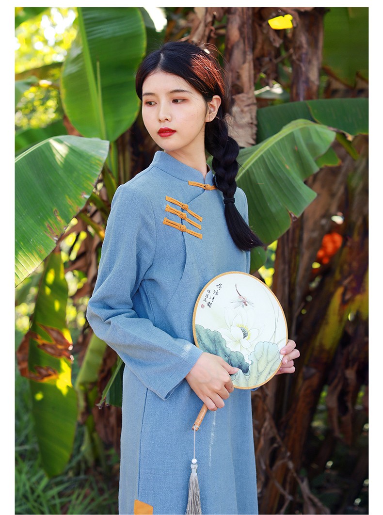 乱在江南长袖棉麻连衣裙中长款春秋新款复古民国风盘扣女装浅蓝色m