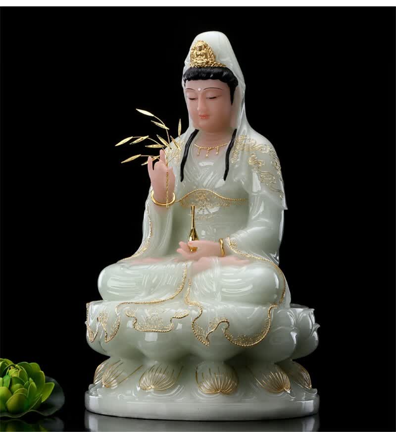观音菩萨佛像家用地藏王菩萨释迦牟尼佛像翠玉镶金娑婆三圣摆件 释迦