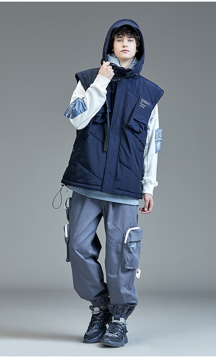 guuka潮牌棉马甲男连帽2021春秋青少年嘻哈藏蓝多口袋英文刺绣机能工