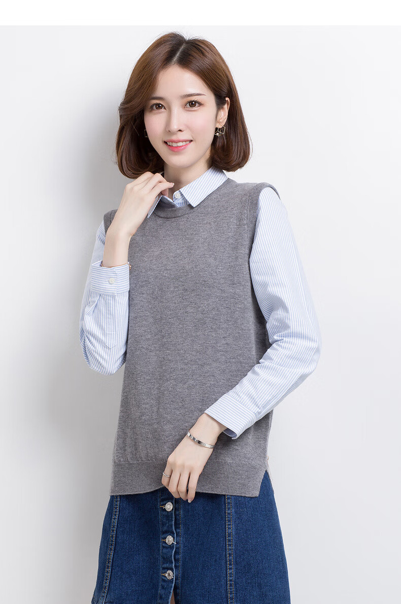 恒源祥毛衣背心女春秋新款100%纯羊毛圆领针织毛线马甲无袖毛衫 胭脂