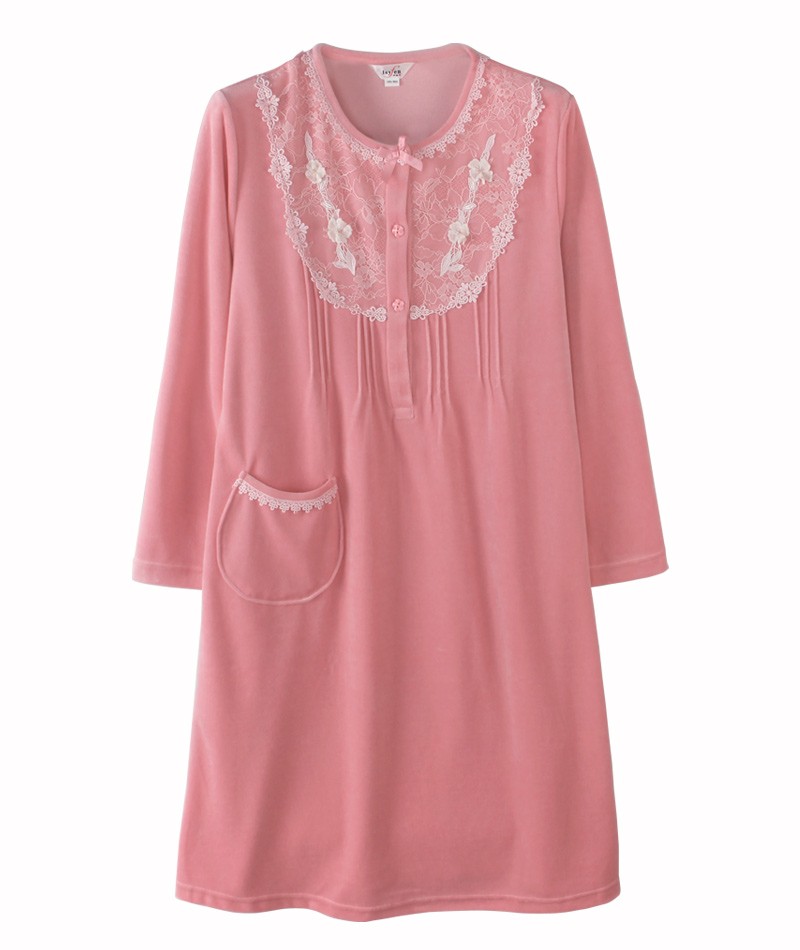 伊丝芬19秋冬季新品天鹅绒睡裙柔软亲肤保暖睡衣棉绒家居服39913 粉色