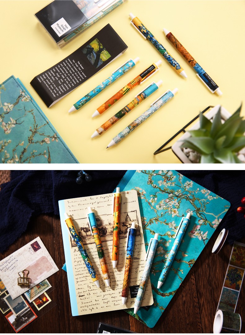 晨光文具梵高系列中性笔学生水笔按动款黑色12支盒装 0.