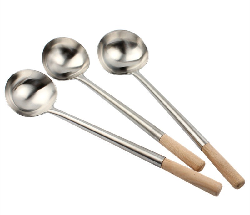 厨师专用锅铲 炒勺 加厚大号无磁不锈钢炒勺 木把防烫锅铲 木柄磨砂