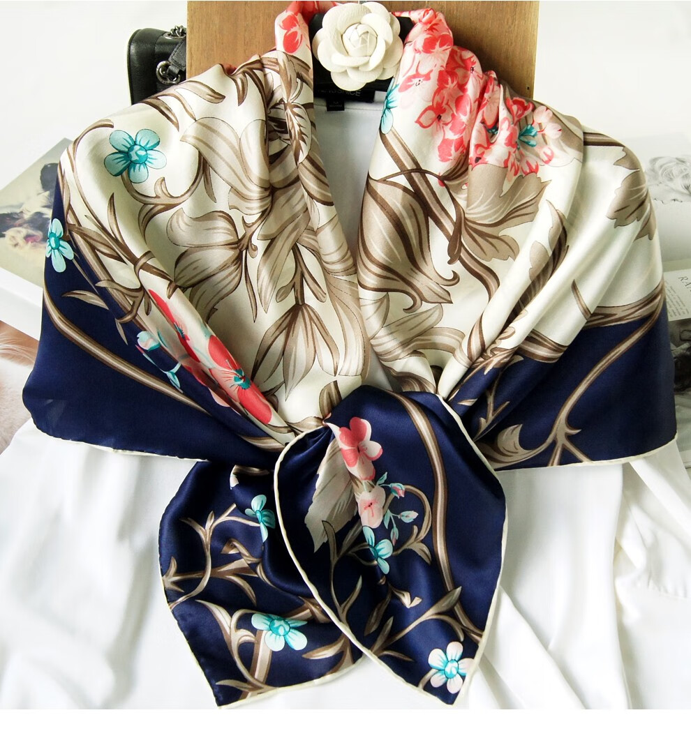 上海故事真丝大方巾110丝巾女春秋薄围巾披肩桑蚕丝纱巾花卉手工卷边