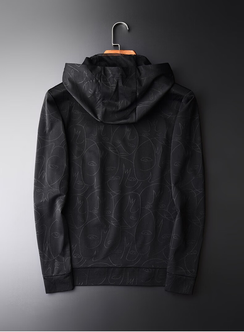 北迈男士暗纹织带装饰连帽卫衣青年修身上衣时尚休闲男装 黑色 l