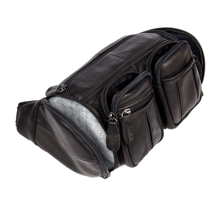 欧迪鸟品牌男士腰包真皮头层牛皮胸包多功能休闲腰包斜挎包黑色小号