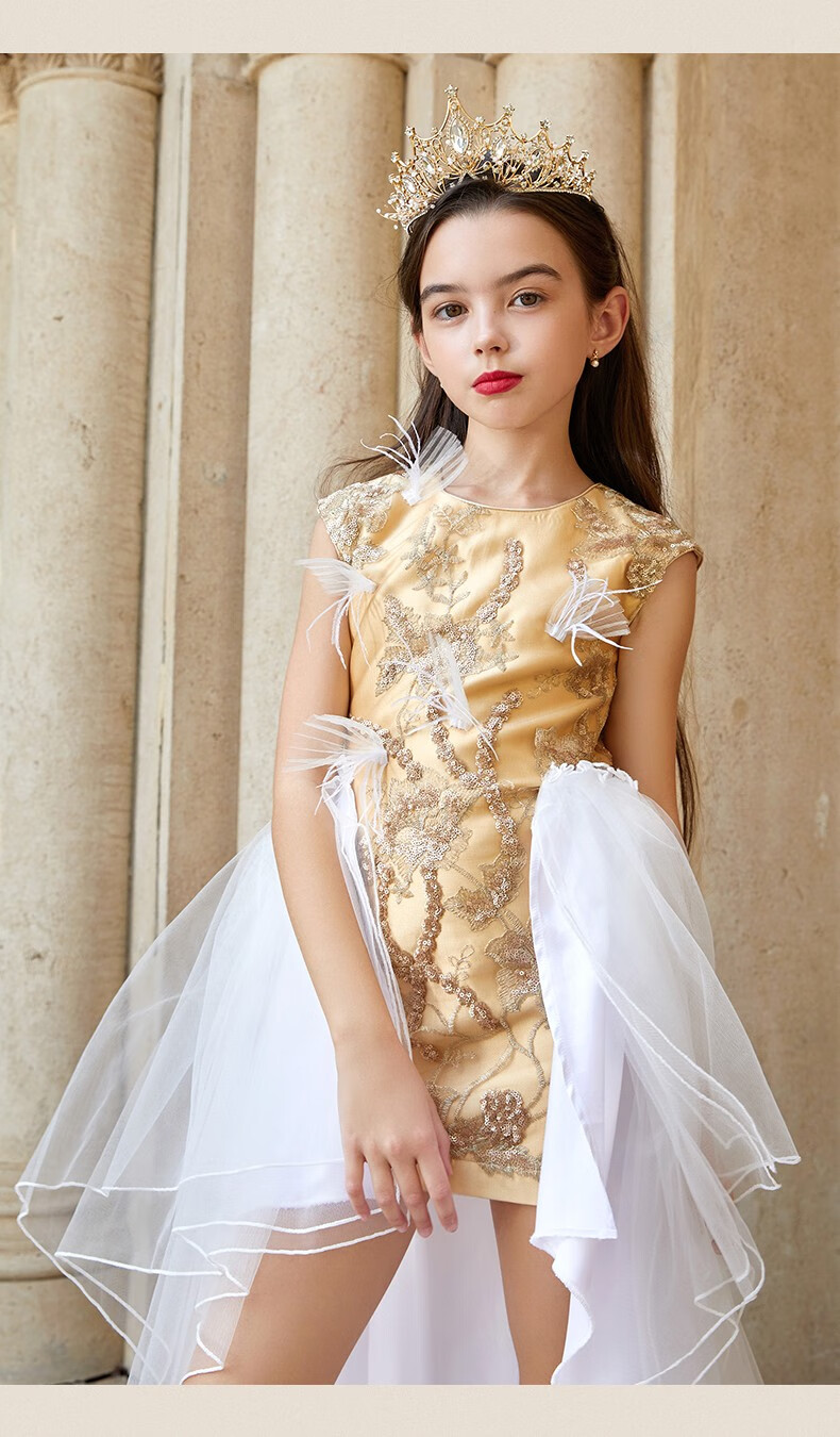 boerss儿童礼服女童小公主裙表演出服秋花童礼服婚纱蓬蓬裙连衣裙金色