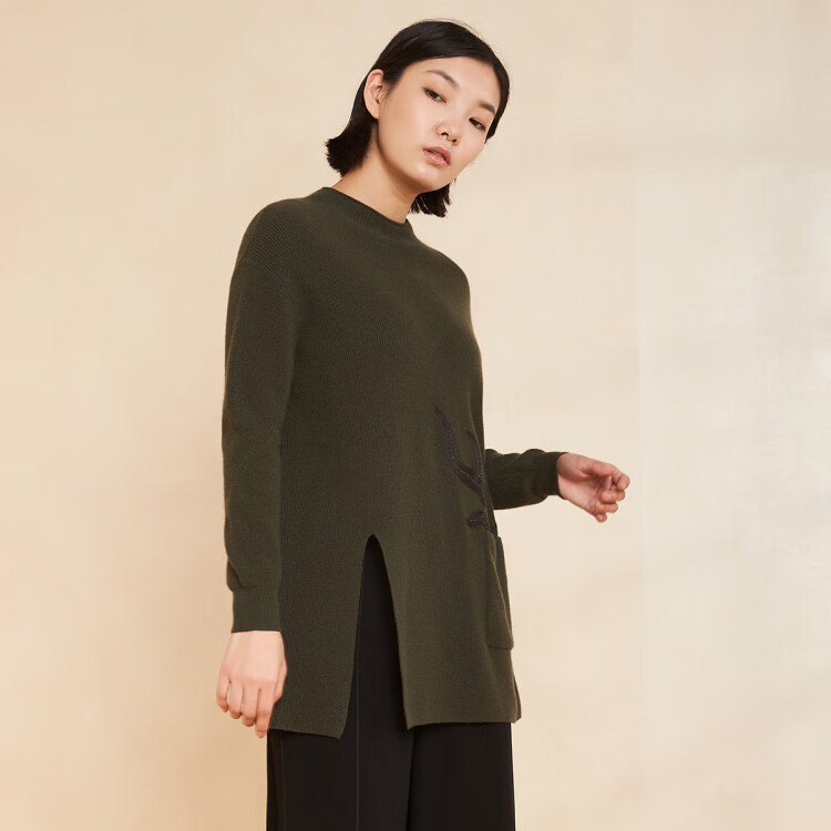 敦奴dunnu 女士时尚前开叉圆领长袖羊毛衫 墨绿 l