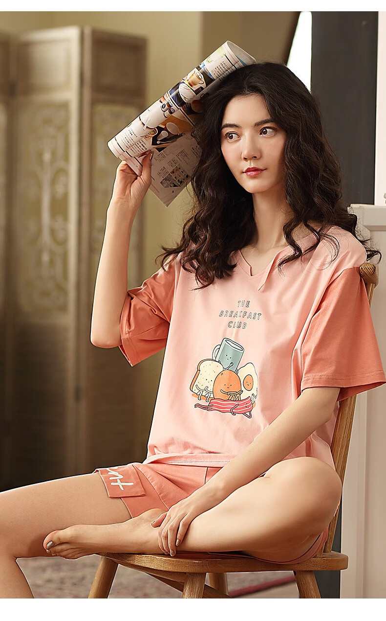【回馈粉丝 特价清仓】睡衣女夏季休闲时尚短袖纯棉薄家居服套装 xf8