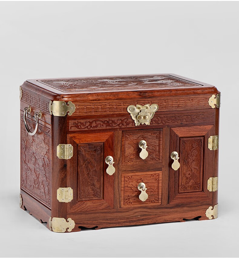 曹堂大红酸枝百宝箱收纳盒红木首饰盒古风梳妆盒家用带锁镜箱结婚礼品