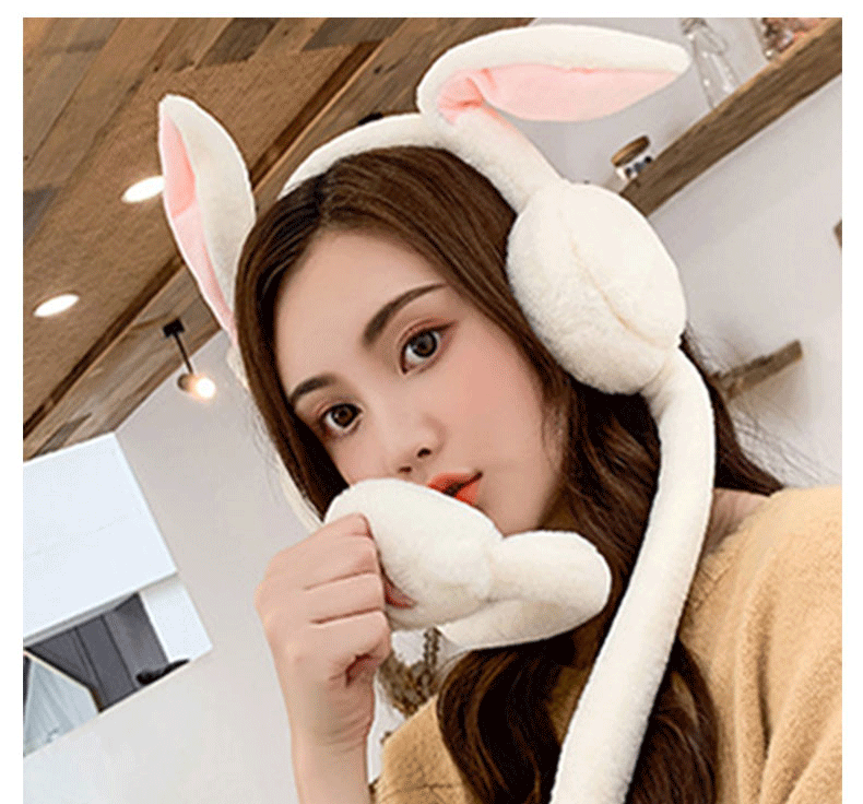 抖音同款兔耳朵耳套女会动的耳罩冬季护耳卡通可爱甜美保暖包耳帽灰色