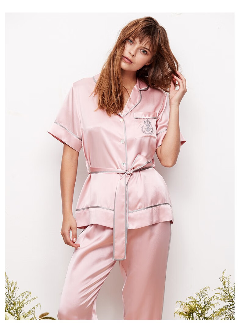 商场同款狄兰丝真丝睡衣女秋短袖长裤系带重磅桑蚕丝可外穿家居服两件