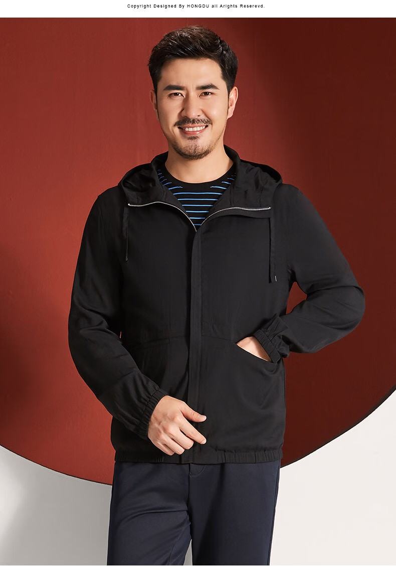 红都休闲短款夹克男时尚拉链连帽簿款收腰中年男装茄克外套黑色jb