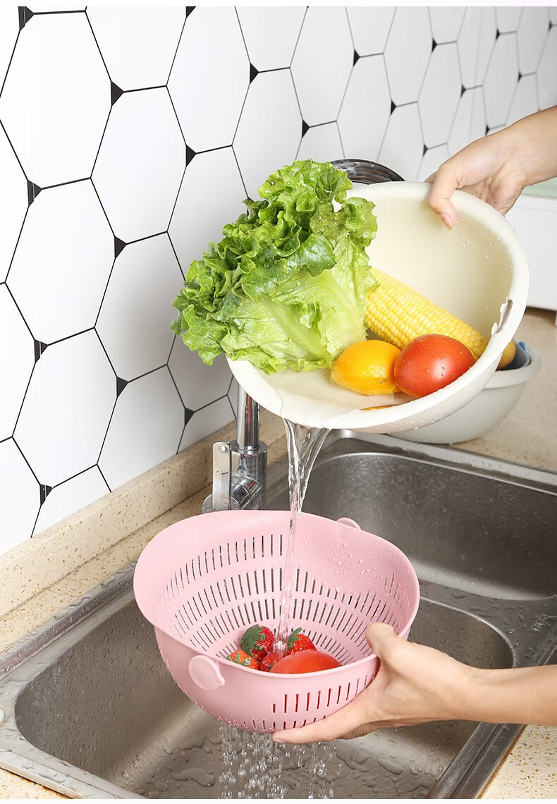 筛厨房洗水果盆厨房沥水篮果蔬沥水篮可叠加滤水盆双层滤水蓝天空蓝