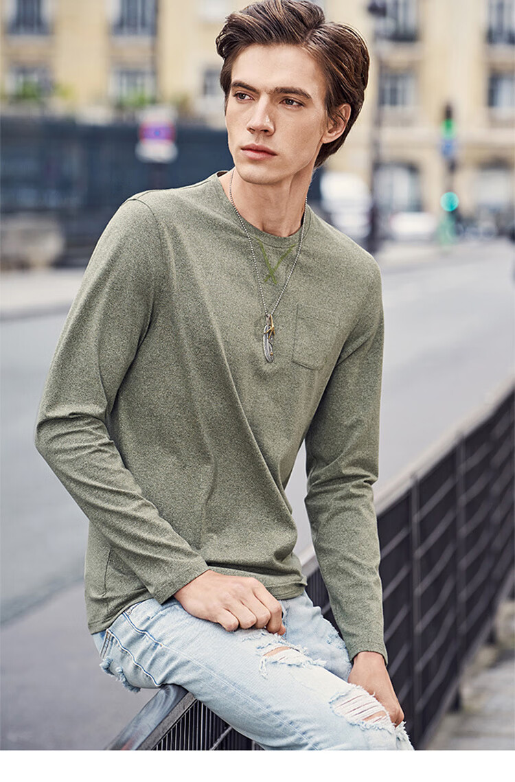 布先生长袖t恤打底衫男士圆领打底衫衣服男上衣t恤bt3755灰绿l175