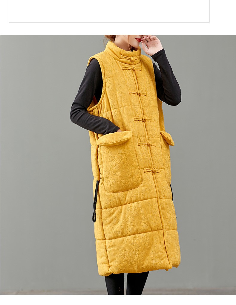 安娅诗冬装夹棉马甲女新品中长款复古盘扣提花棉麻加棉马甲宽松百搭