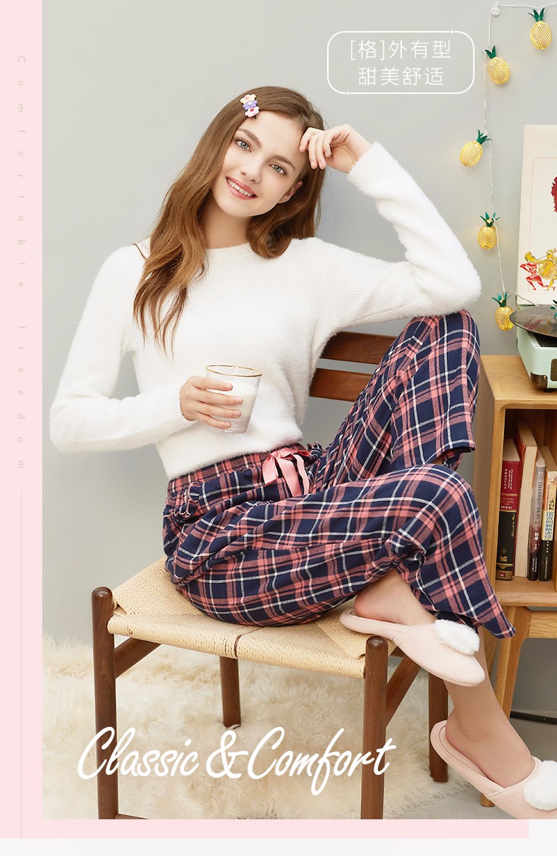 三枪睡裤女彩格绒布女士休闲裤子格子秋季纯棉家居长裤60846粉格25m