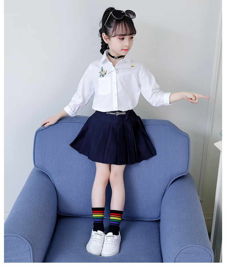 卡兔蓝猫女童衬衫儿童衬衣童装女新款白色上衣春秋装中大童小女孩长袖