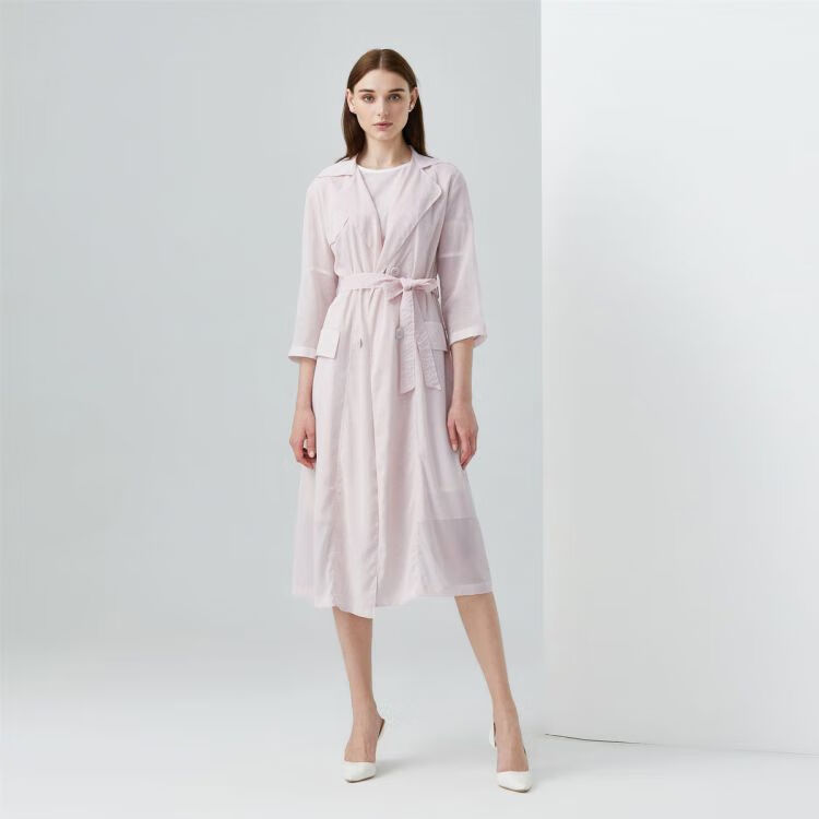 朗姿lancy 高端线俪雅慵懒百搭系带棉长款女式风衣 粉色 xl