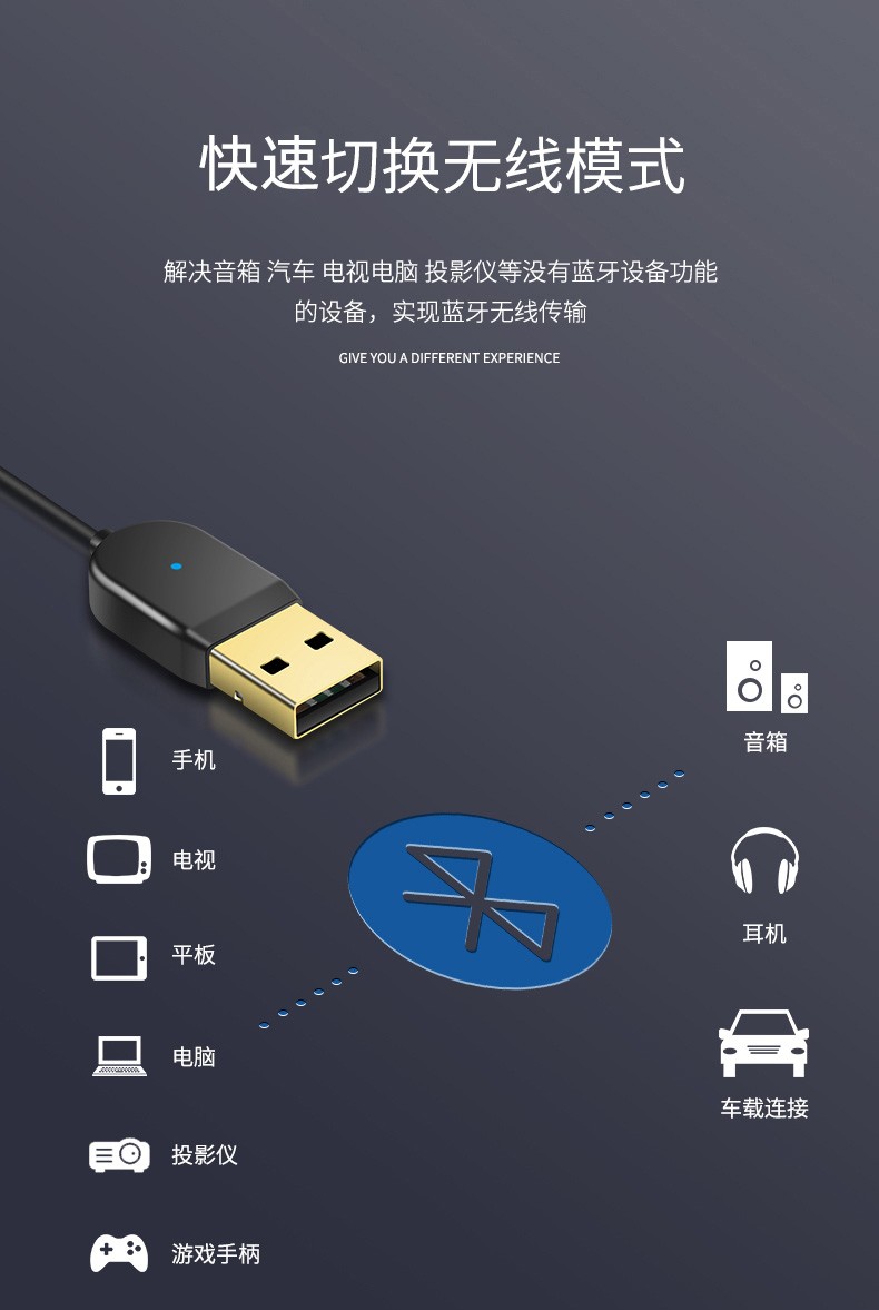 机白金 蓝牙适配器5.0 aux车载手机音响usb蓝牙连接器带3.5mm插头转无