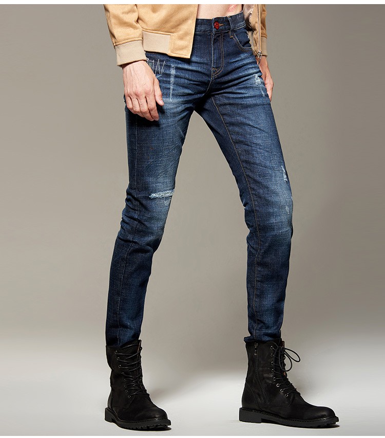 皮尔卡丹pierrecardin牛仔裤男2020夏季时尚青春褶皱弹力破洞磨烂长裤